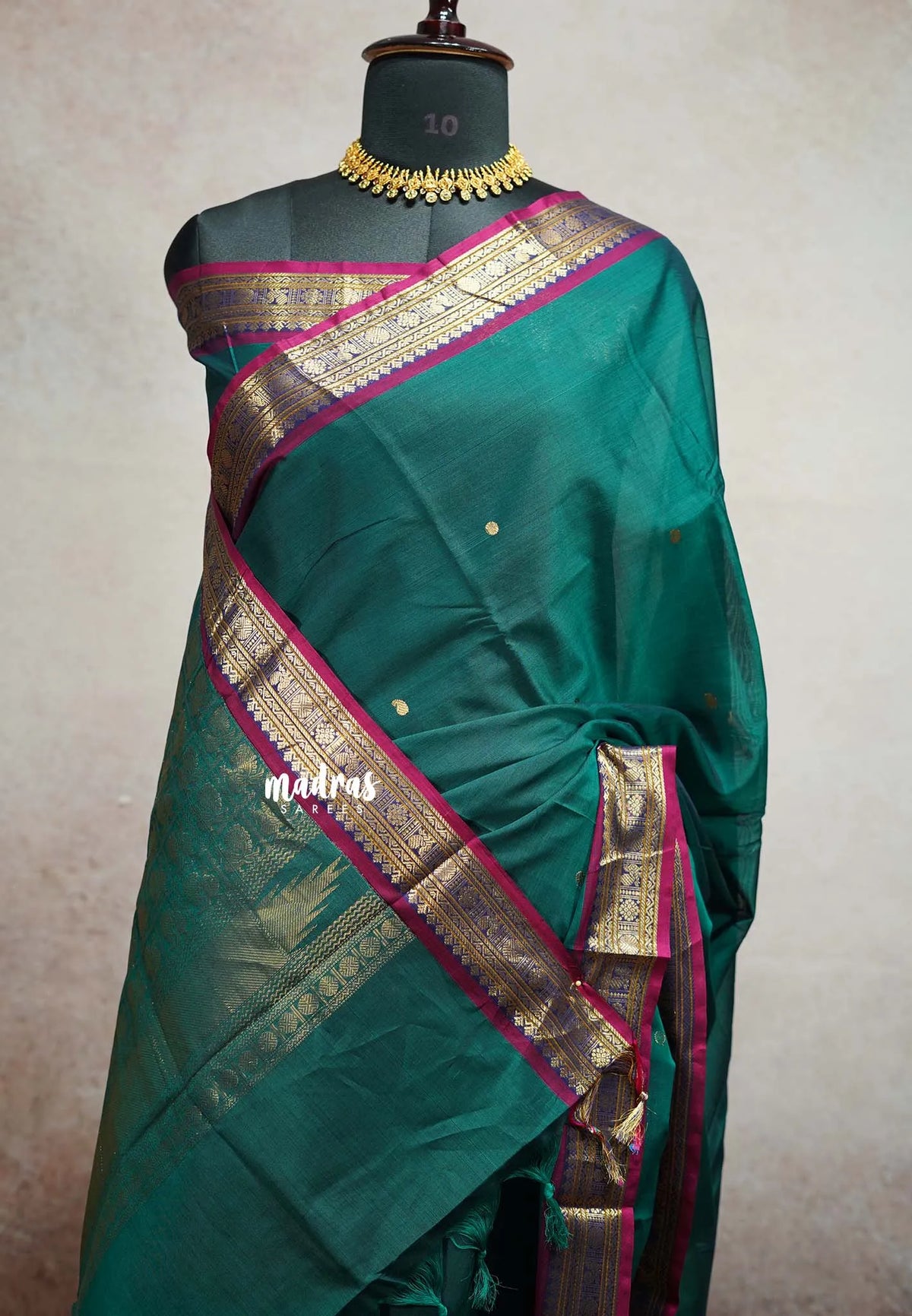 Peacock Jade  - vaibhogam 120 count Pure mercerized silk cotton small border with buttas