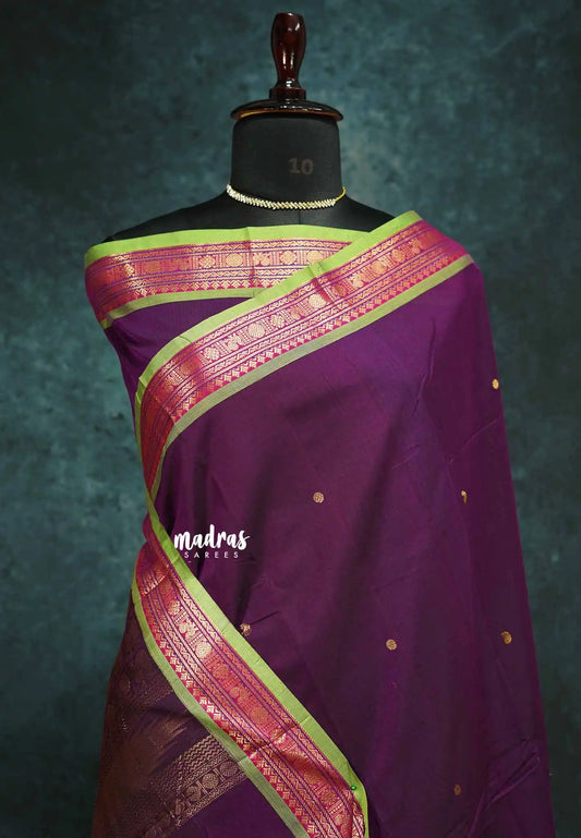 Jamun purple - vaibhogam 120 count Pure mercerized silk cotton small border with buttas