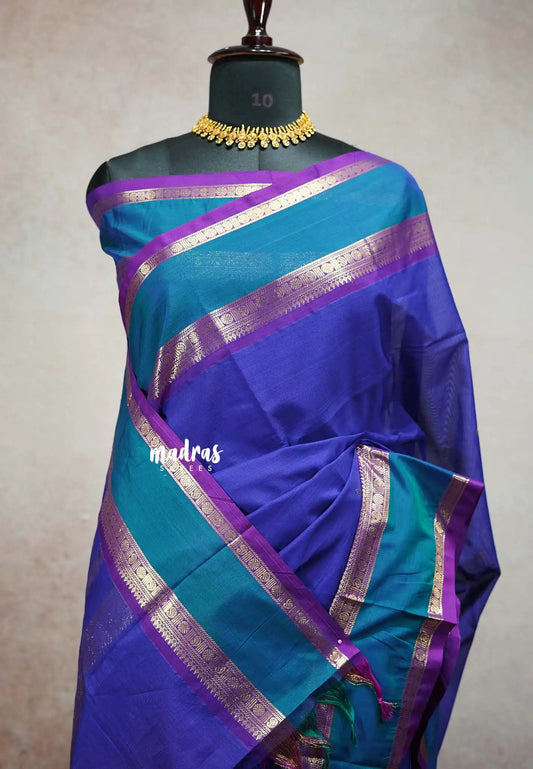 MS Blue - vaibhogam 120 count Pure mercerized silk cotton with buttas and rettapet border