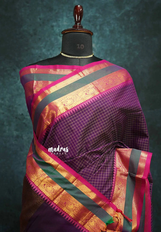 Purple - vaibhogam 120 count Pure mercerized silk cotton muthukattam rettapet border