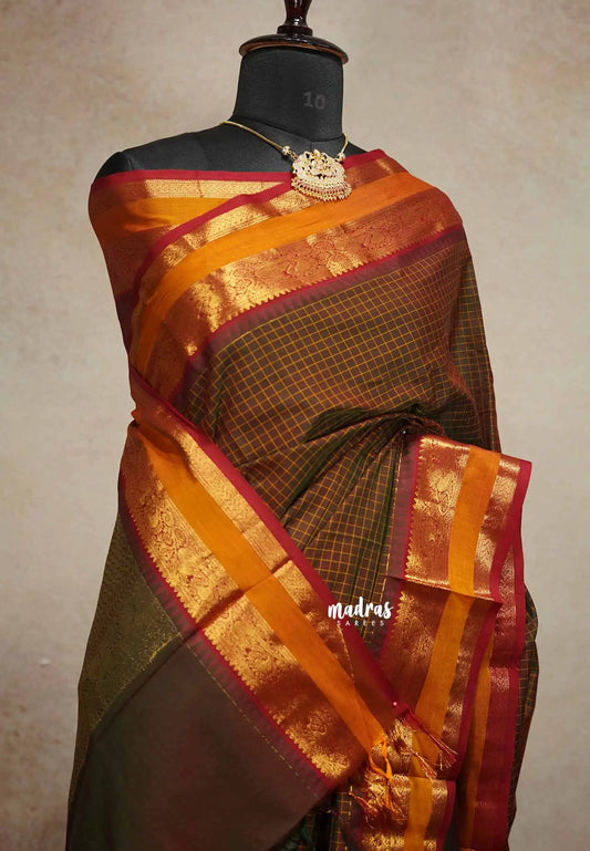 Honey brown - vaibhogam 120 count Pure mercerized silk cotton muthukattam rettapet border