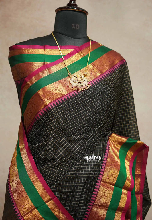 Black - vaibhogam 120 count Pure mercerized silk cotton muthukattam rettapet border