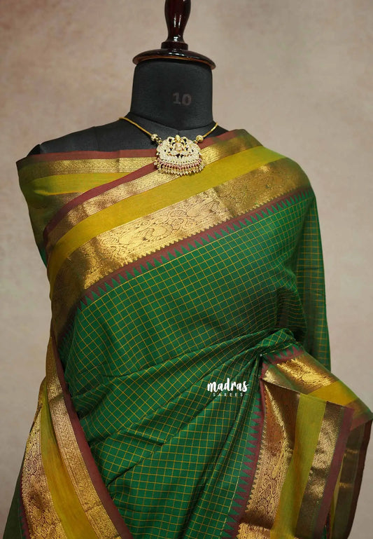 Green - vaibhogam 120 count Pure mercerized silk cotton muthukattam rettapet border