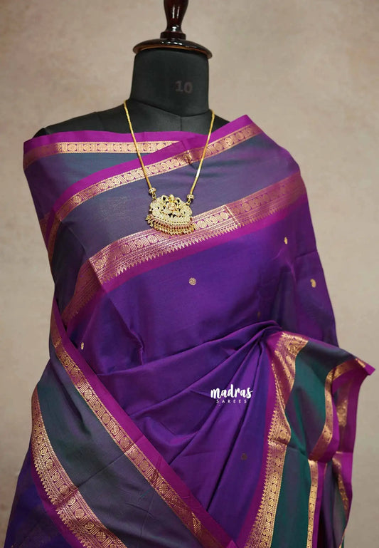 Dualshade Purple - vaibhogam 120 count Pure mercerized silk cotton with buttas and rettapet border
