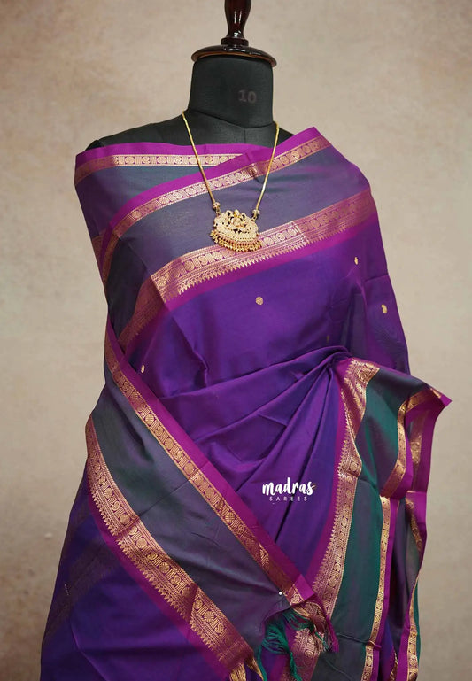 Dualshade Purple - vaibhogam 120 count Pure mercerized silk cotton with buttas and rettapet border