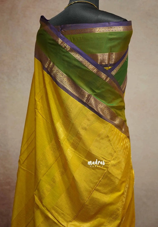 Mustard yellow - vaibhogam 120 count Pure mercerized silk cotton with buttas and rettapet border