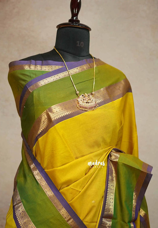 Mustard yellow - vaibhogam 120 count Pure mercerized silk cotton with buttas and rettapet border
