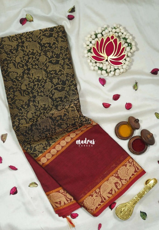 Jet Black - Classic Kanchi Cotton Vanasingaram Full Weaving with Blouse - Best for Temple Visit