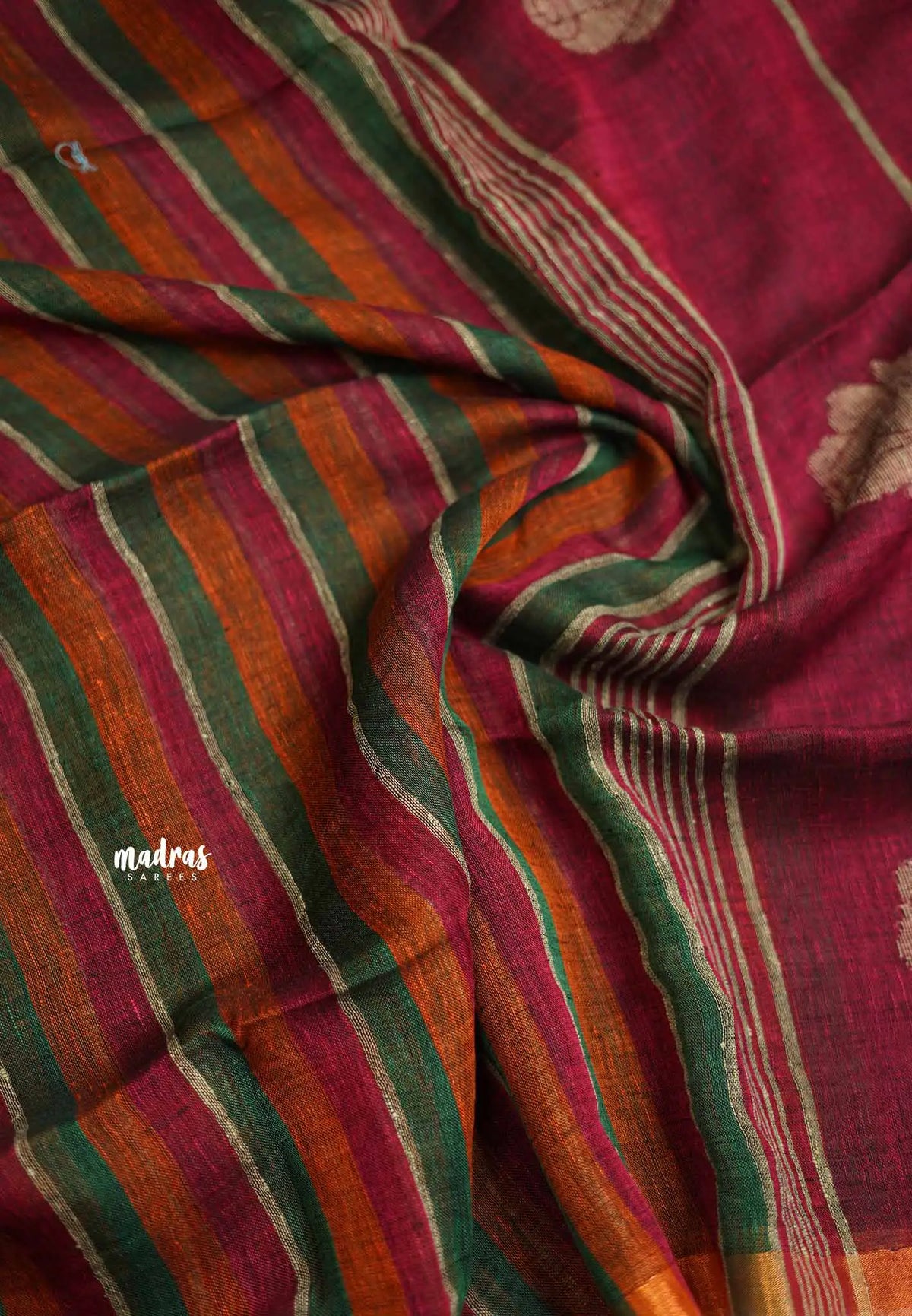 Organic linen magenta, orange and green stripes Magenta pallu - Vanibhojan saree