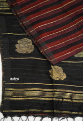 Organic linen black and magenta stripes Black pallu - Vanibhojan saree