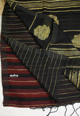 Organic linen black and magenta stripes Black pallu - Vanibhojan saree