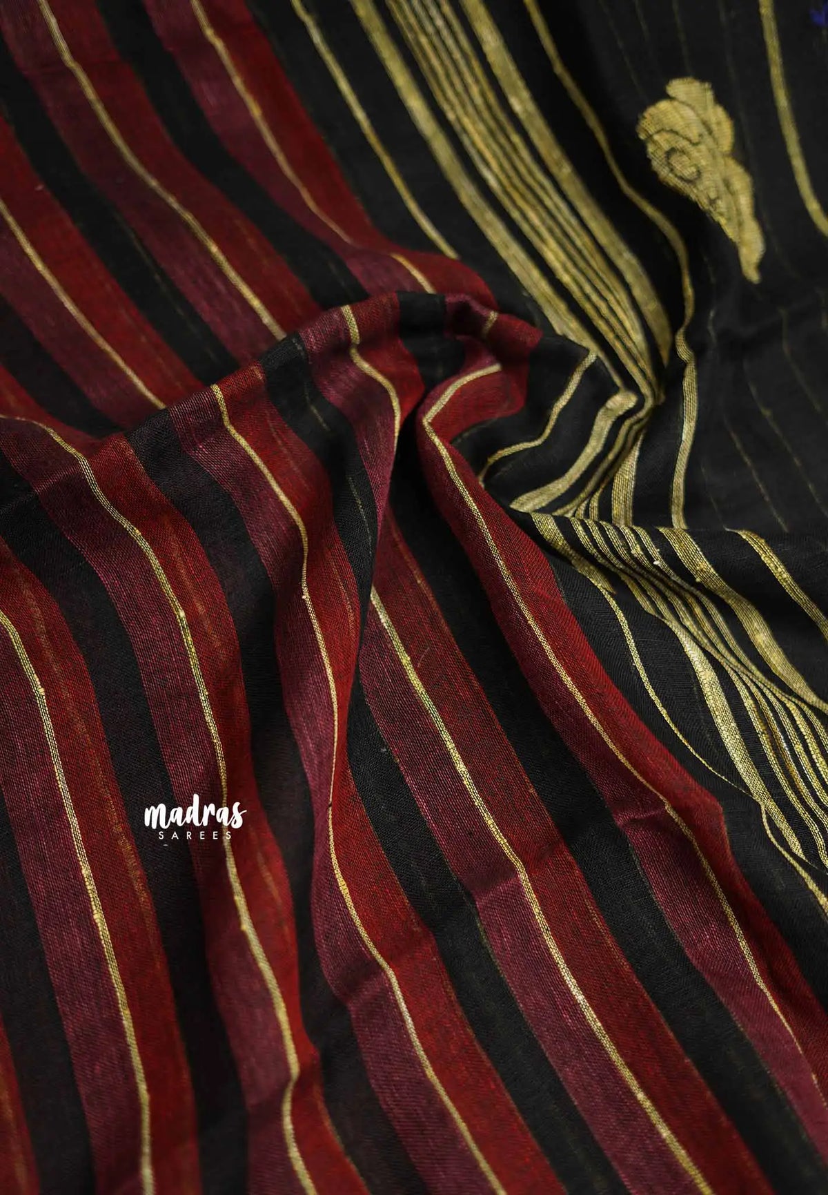 Organic linen black and magenta stripes Black pallu - Vanibhojan saree