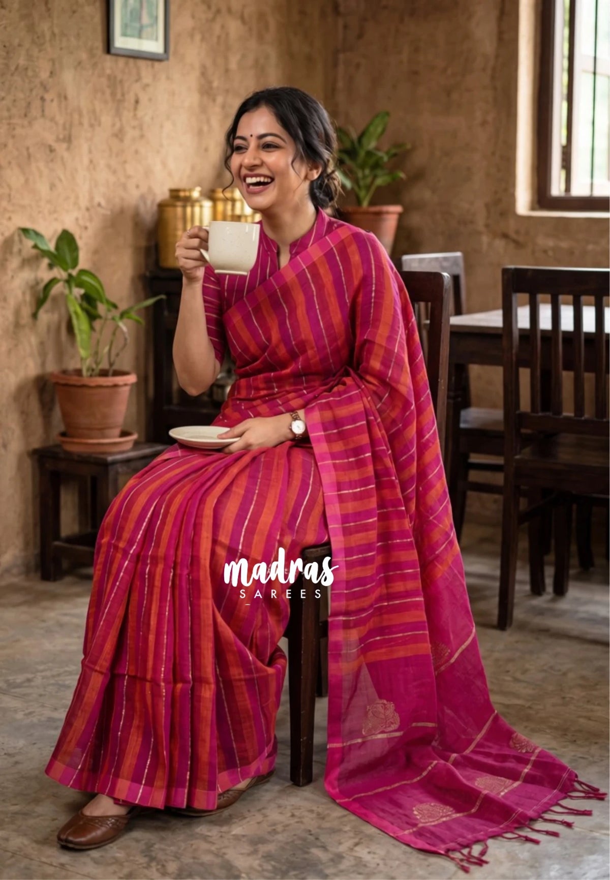 (PRE-BOOKING) Organic linen Orange and pink stripes Rose pallu - Vanibhojan pink saree