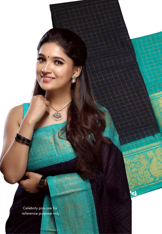 Margazhi Sungudi checks Blue with Teal Tradiotional gold peacock border with blouse - VaniBhojan