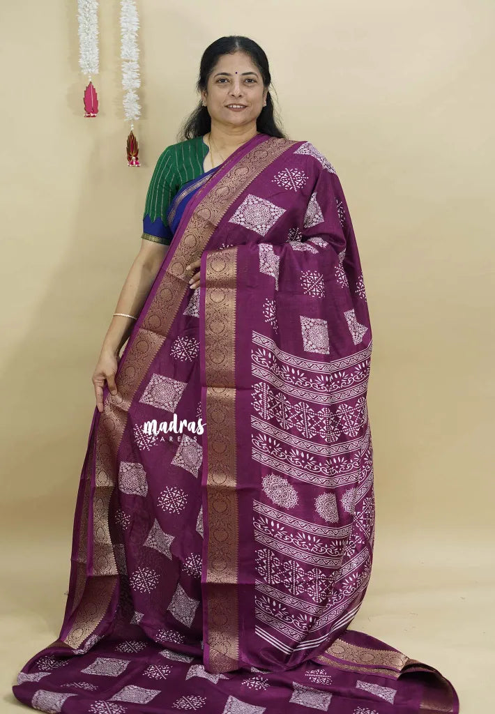 Plum Purple - Light weight Vasundra Premium Printed Silk with Zari Border