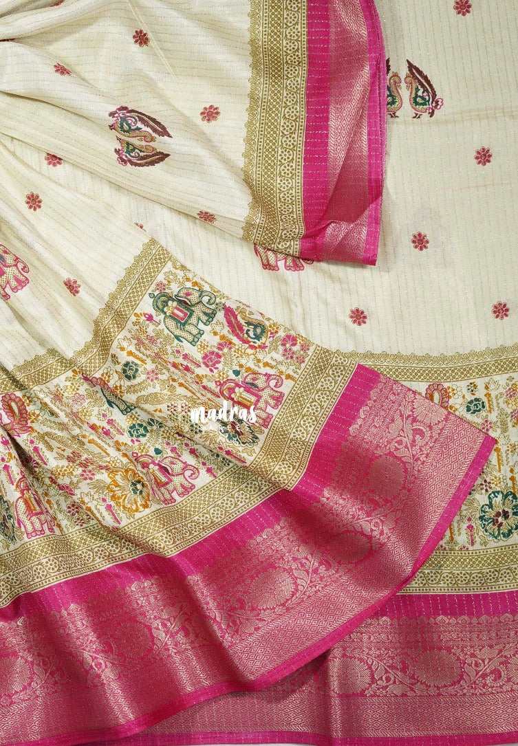 Ivory Beige with Pink - Light weight Vasundra Printed Silk Zari Stripes with Border - Perfect for Small Functions | Casual Wear