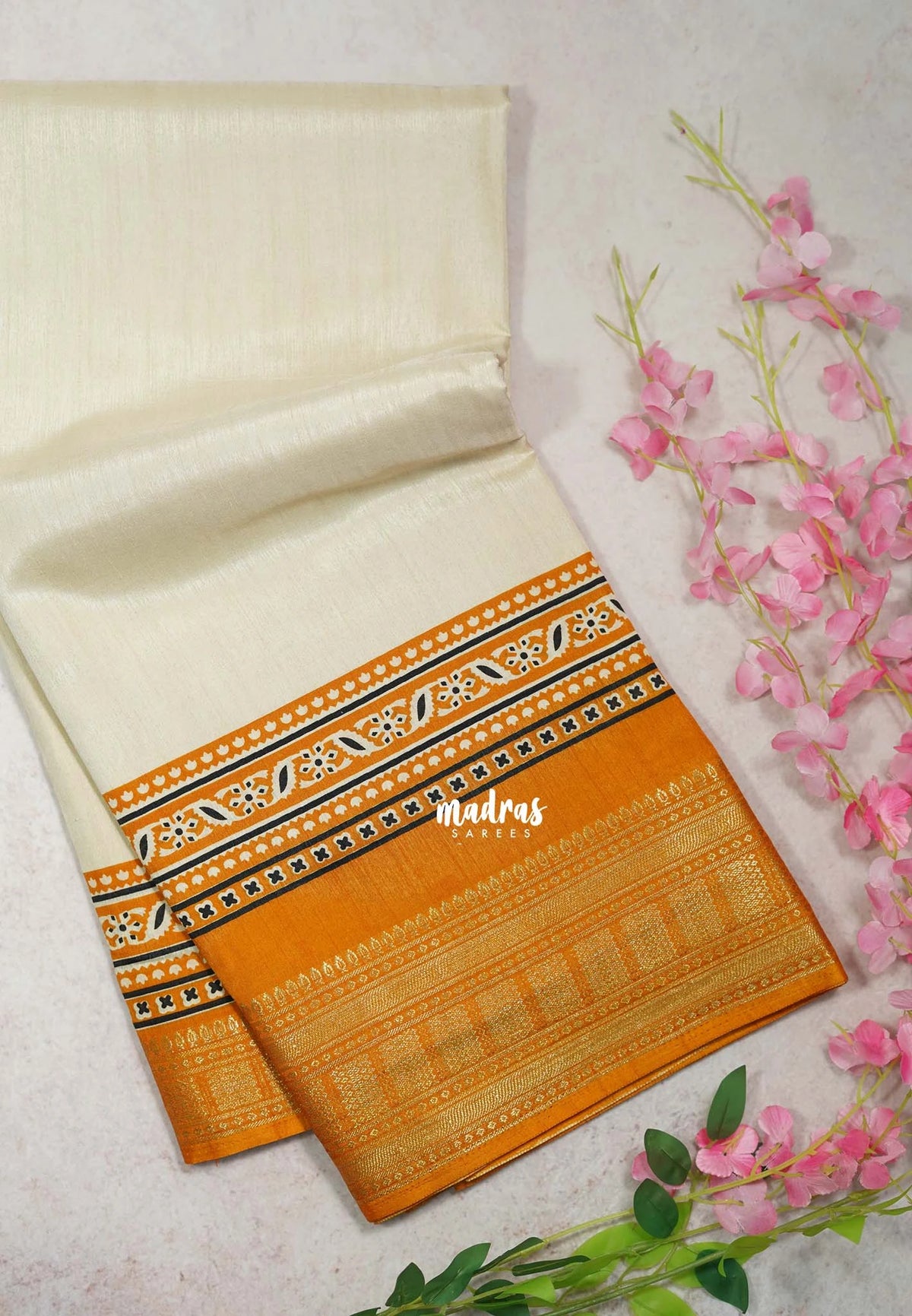 Sandal Beige with Mustard Yellow - Premium Vasundra Printed Silk Zari Border with Contrast Pallu and Blouse - Best for Casual Wear