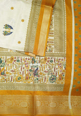 Ivory Beige with Mustard Yellow - Light weight Vasundra Printed Silk Zari Stripes with Border - Perfect for Small Functions | Casual Wear