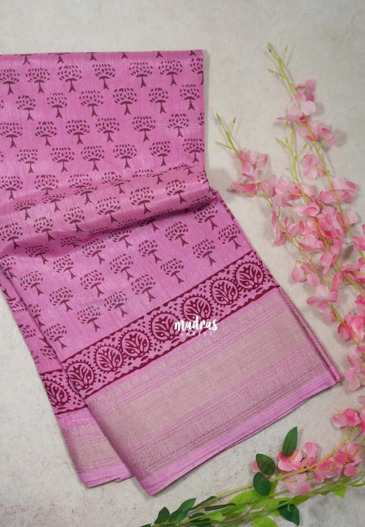 Lilac Pink - Premium Vasundra Printed Silk Zari Border with Tree Prints - Best for Casual Wear