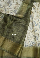 Creamy Willow - Light weight Vasundra printed silk with Leaf Prints with Zari Border - Best for Office Wear
