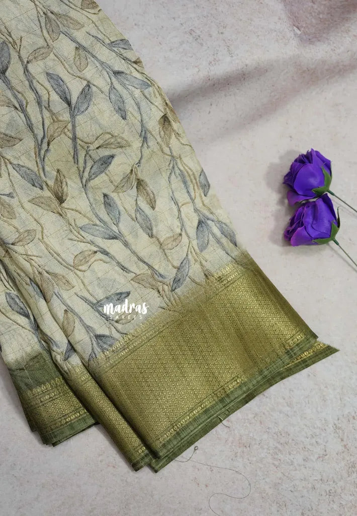 Creamy Willow - Light weight Vasundra printed silk with Leaf Prints with Zari Border - Best for Office Wear