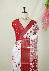 Snow White - Vasundra Printed Silk Saree Leaf Print with Zari Border - Perfect for Small Functions