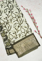Pastel Grey with Green Border - Light weight Vasundra printed silk