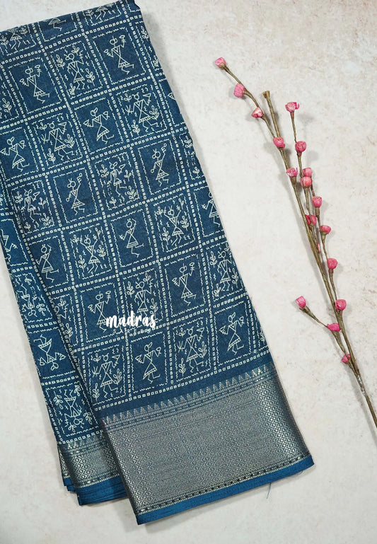 Peacock Blue - Light weight Vasundra sillk with warli prints