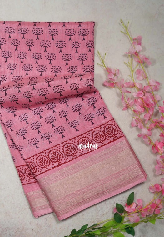 Rose Pink - Premium Vasundra Printed Silk Zari Border with Tree Prints - Best for Casual Wear