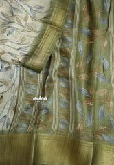 Creamy Willow - Light weight Vasundra printed silk with Leaf Prints with Zari Border - Best for Office Wear