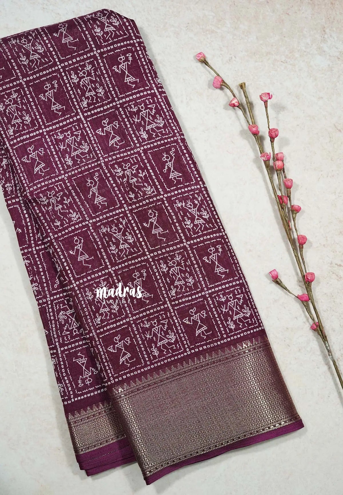 Wine Red - Light weight Vasundra sillk with warli prints
