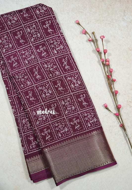 Wine Red - Light weight Vasundra sillk with warli prints