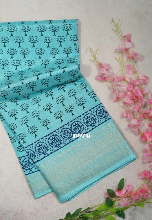 Mild Cyan Blue - Premium Vasundra Printed Silk Zari Border with Tree Prints - Best for Casual Wear