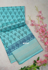 Mild Cyan Blue - Premium Vasundra Printed Silk Zari Border with Tree Prints - Best for Casual Wear