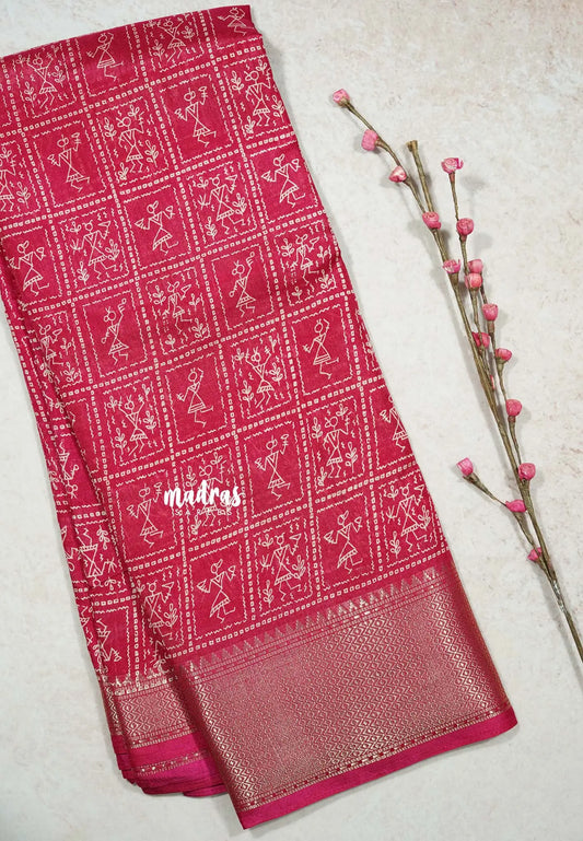 Queen's Pink - Light weight Vasundra sillk with warli prints