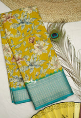 Rich printed silk neon yellow with cyan blue border