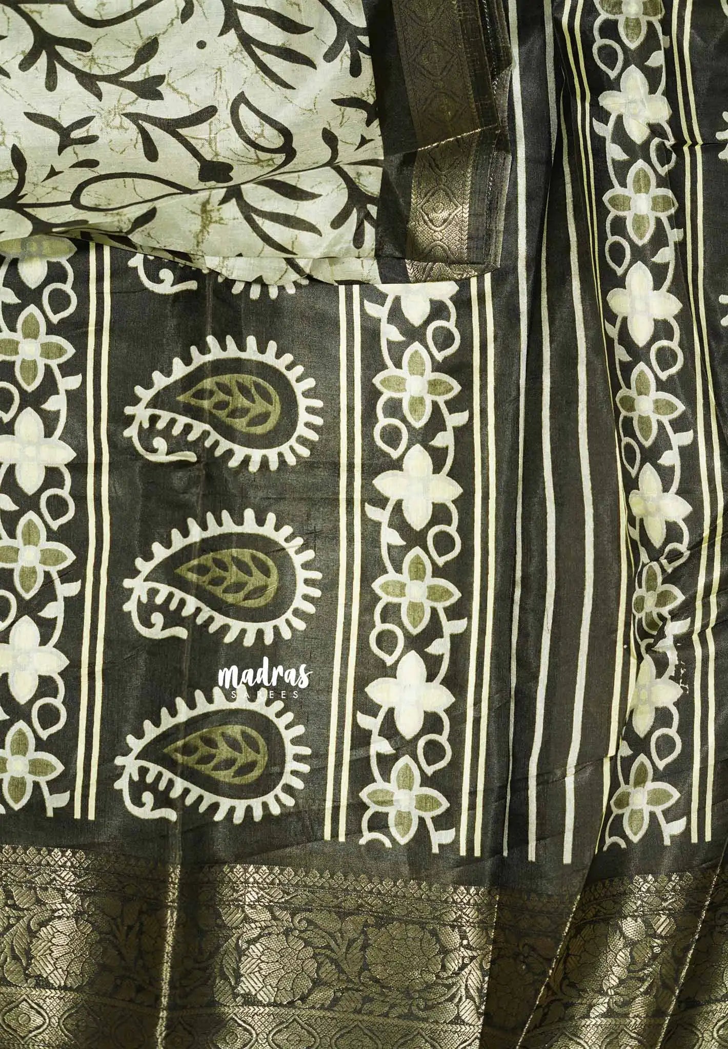 Pastel Grey with Green Border - Light weight Vasundra printed silk