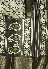 Pastel Grey with Green Border - Light weight Vasundra printed silk