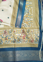 Ivory Beige with Peacock Blue - Light weight Vasundra Printed Silk Zari Stripes with Border - Perfect for Small Functions | Casual Wear