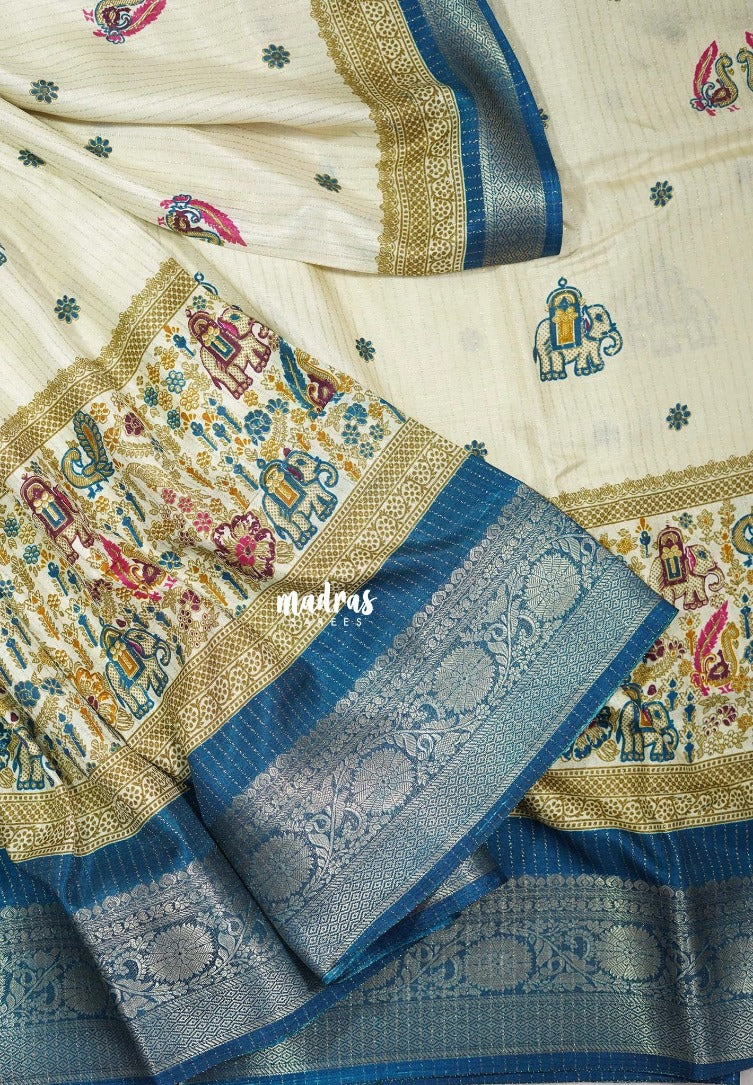 Ivory Beige with Peacock Blue - Light weight Vasundra Printed Silk Zari Stripes with Border - Perfect for Small Functions | Casual Wear