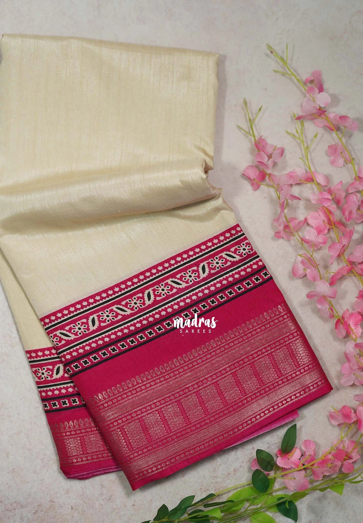 Sandal Beige with Queen's Pink - Premium Vasundra Printed Silk Zari Border with Contrast Pallu and Blouse - Best for Casual Wear