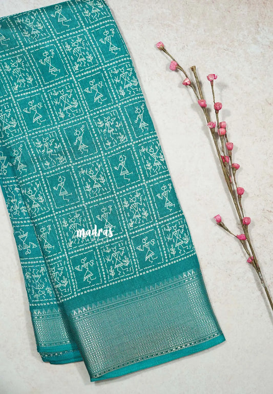 Teal Blue - Light weight Vasundra sillk with warli prints