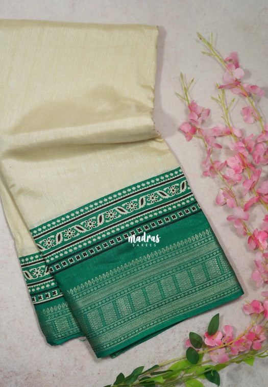 Sandal Beige with Green - Premium Vasundra Printed Silk Zari Border with Contrast Pallu and Blouse - Best for Casual Wear