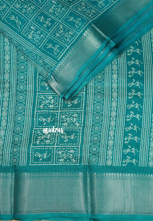 Teal Blue - Light weight Vasundra sillk with warli prints