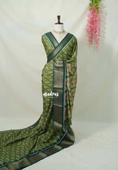 Olive Green - Premium Vasundra Printed Silk with Ikkat Prints and Zari Border - Best for Casual Wear