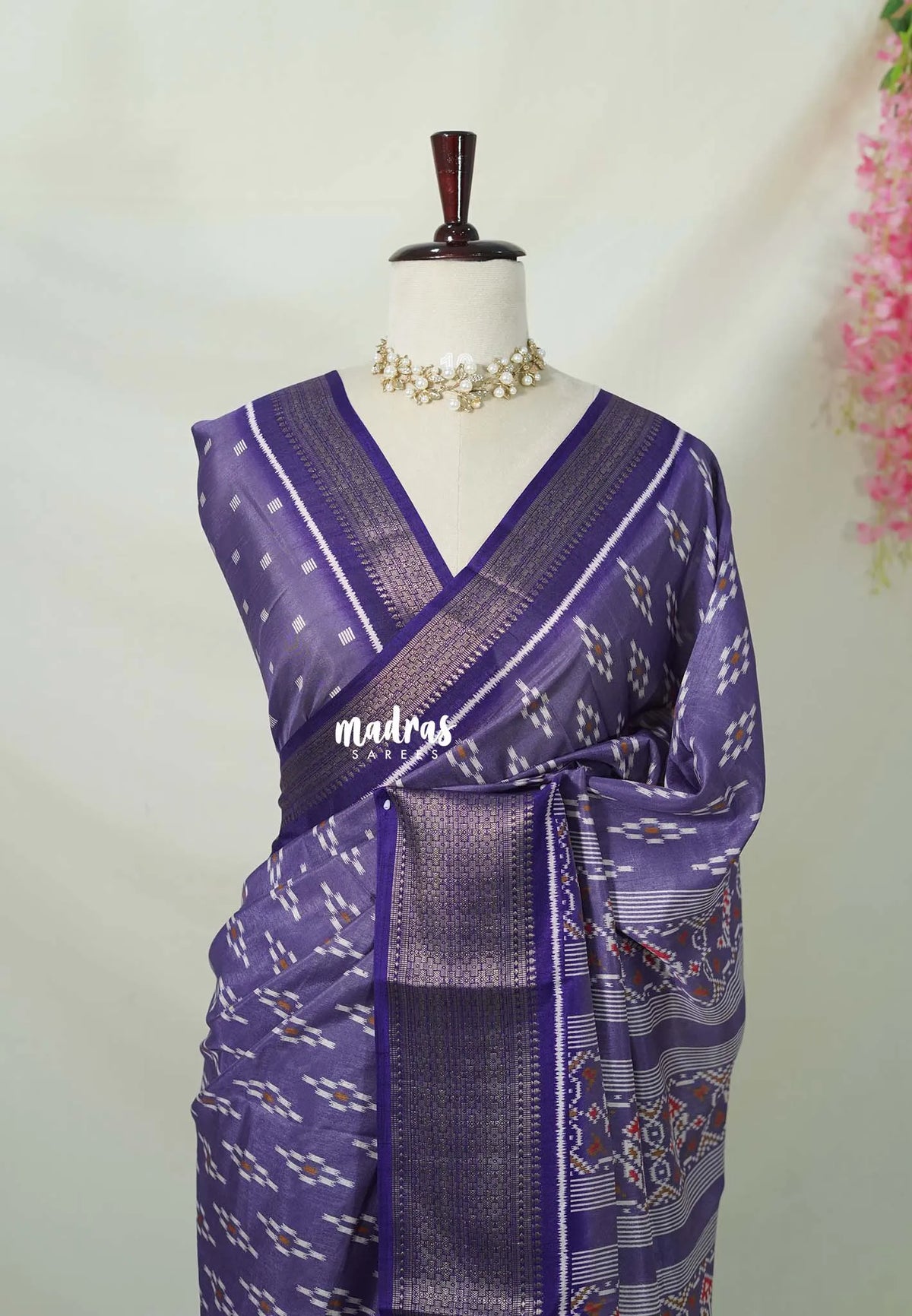 Lavender Purple - Premium Vasundra Printed Silk with Ikkat Prints and Zari Border - Best for Casual Wear
