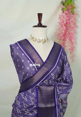 Lavender Purple - Premium Vasundra Printed Silk with Ikkat Prints and Zari Border - Best for Casual Wear