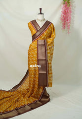Mustard Yellow - Premium Vasundra Printed Silk with Ikkat Prints and Zari Border - Best for Casual Wear