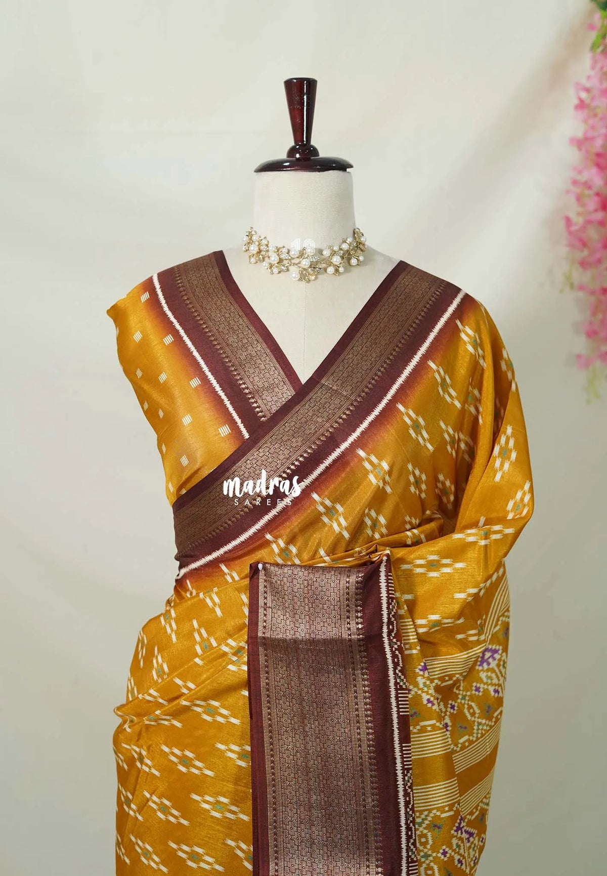 Mustard Yellow - Premium Vasundra Printed Silk with Ikkat Prints and Zari Border - Best for Casual Wear