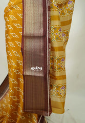 Mustard Yellow - Premium Vasundra Printed Silk with Ikkat Prints and Zari Border - Best for Casual Wear
